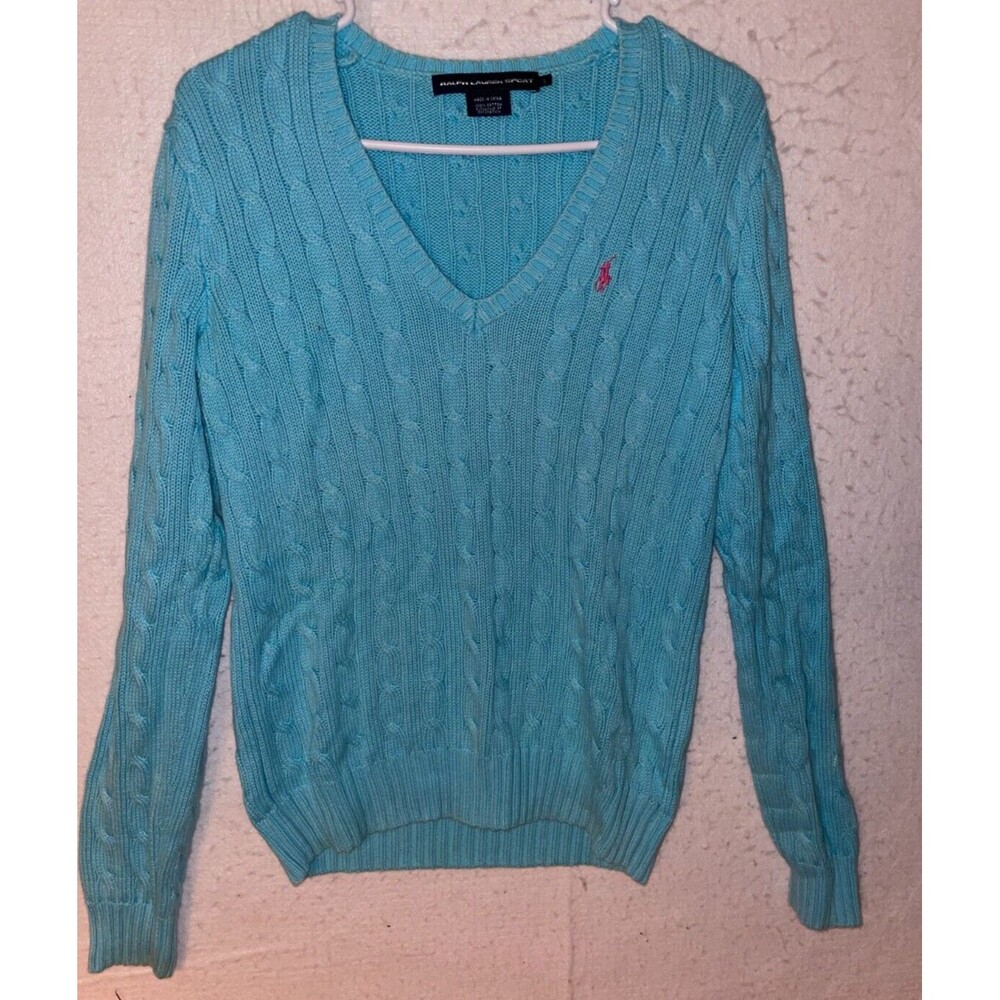 Ralph Lauren Sport Sweater Women's L Blue Cable Knit V Neck Red Pony Long Sleeve